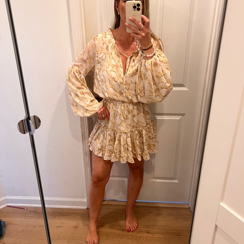 Women’s Buddy Love Cream & Gold Printed Ruffled Mini Dress